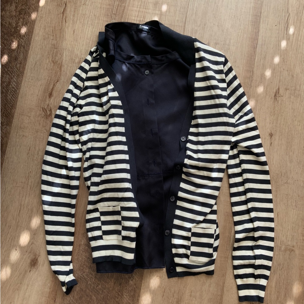 Jil Sander Navy Lot of 2 Silk Blouse + silk blend cardigan 34